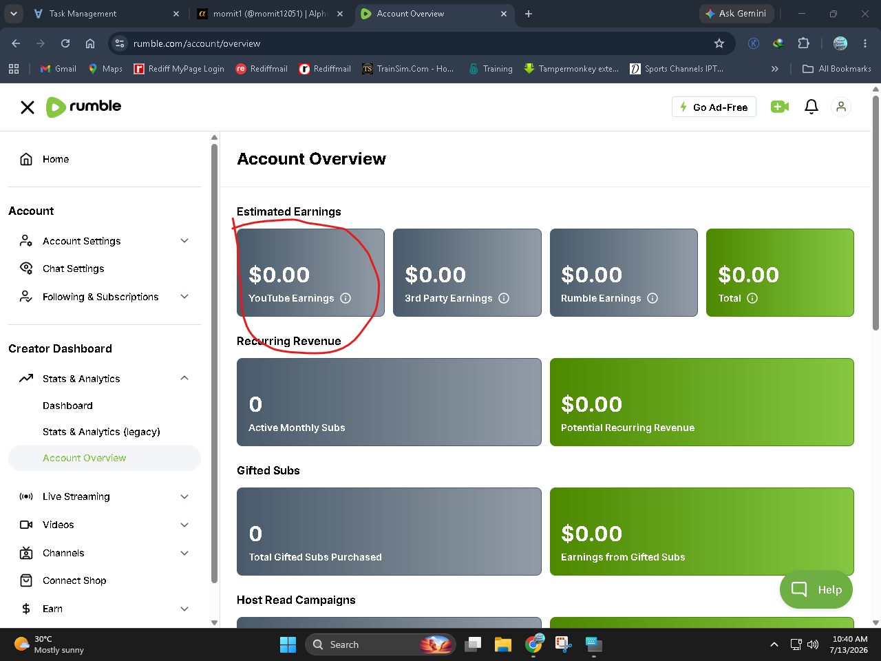 rumble Account Overview $0.00 YouTube Earnings