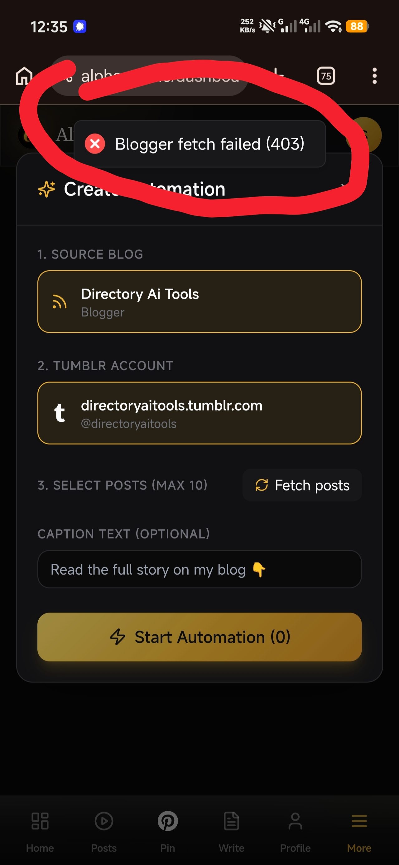 Tumblr automation failed blogger